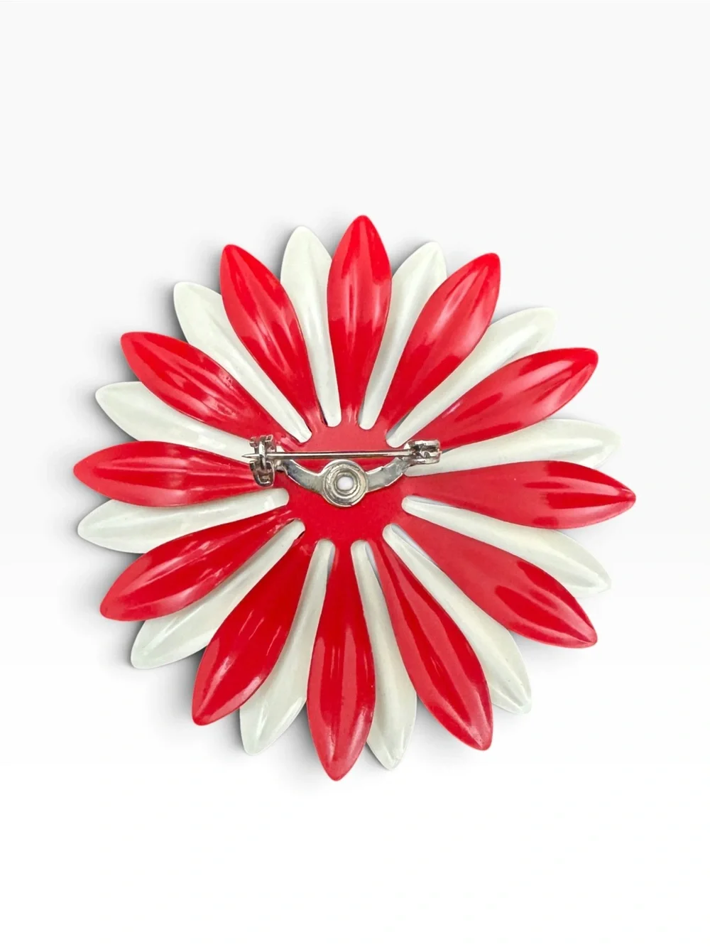 60s Vintage 70s Flower Pin Red White Peppermint Enamel Metal Mod Brooch 2.5”